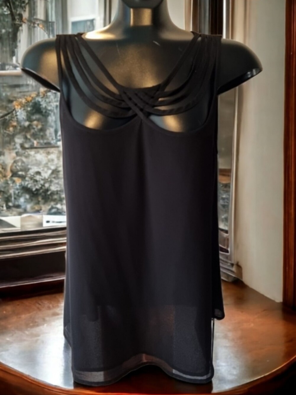 Naked Zebra Black Strappy Neckline Semi-Sheer Camisole Top Size S
